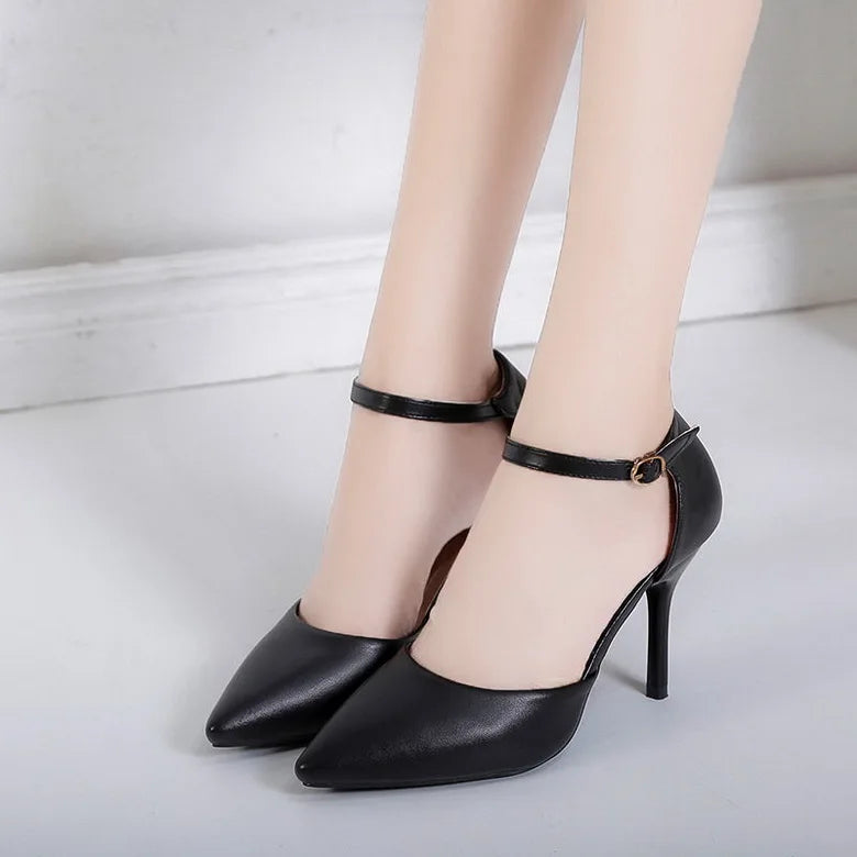 Soft Leather Women's Shoes,Pointed Toe,2024 Spring New High Heels,Ankle Strap,Cover Heel,Female Footware,Big Size,BLACK,,BEIGE