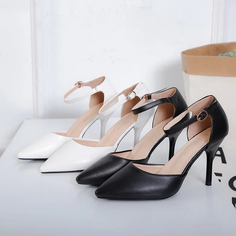 Soft Leather Women's Shoes,Pointed Toe,2024 Spring New High Heels,Ankle Strap,Cover Heel,Female Footware,Big Size,BLACK,,BEIGE