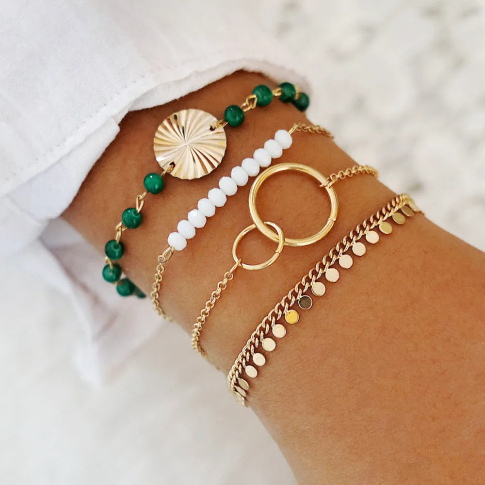 Bohemia Gold Color Leaves Bracelet Set For Women White Beads Round Charm Wrap Bangle Boho Girls Jewelry Gift