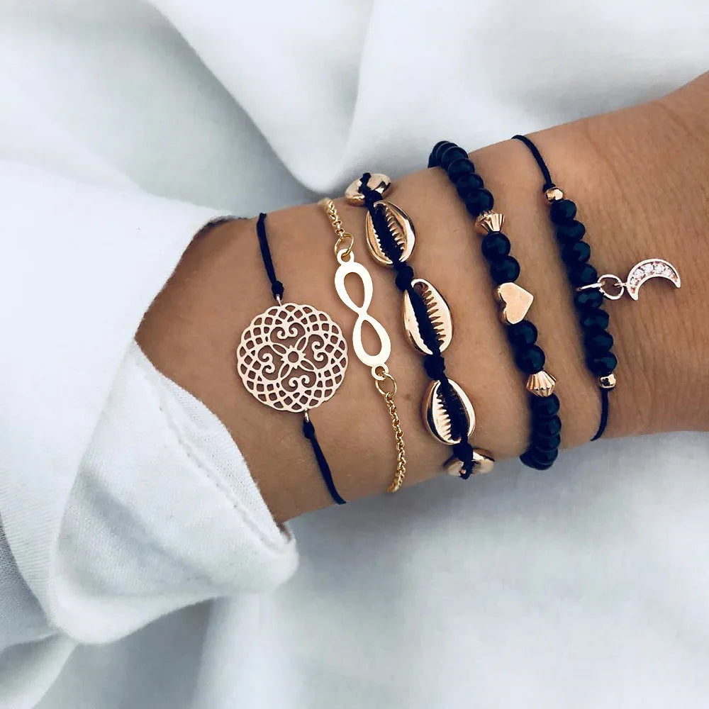 Bohemia Gold Color Leaves Bracelet Set For Women White Beads Round Charm Wrap Bangle Boho Girls Jewelry Gift