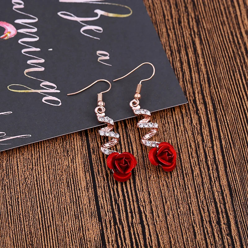 Fashion Sweet Romantic Rhinestone Red Rose Flower Earrings – Long Hollow Curve Crystal Pendant Wedding Jewelry for Women