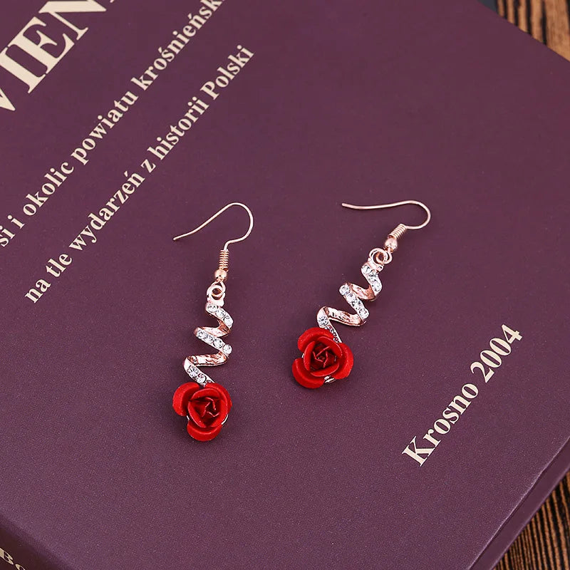 Fashion Sweet Romantic Rhinestone Red Rose Flower Earrings – Long Hollow Curve Crystal Pendant Wedding Jewelry for Women
