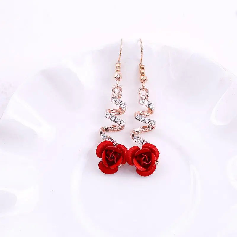Fashion Sweet Romantic Rhinestone Red Rose Flower Earrings – Long Hollow Curve Crystal Pendant Wedding Jewelry for Women