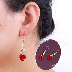 Fashion Sweet Romantic Rhinestone Red Rose Flower Earrings – Long Hollow Curve Crystal Pendant Wedding Jewelry for Women