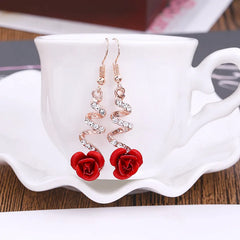 Fashion Sweet Romantic Rhinestone Red Rose Flower Earrings – Long Hollow Curve Crystal Pendant Wedding Jewelry for Women
