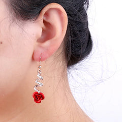 Fashion Sweet Romantic Rhinestone Red Rose Flower Earrings – Long Hollow Curve Crystal Pendant Wedding Jewelry for Women