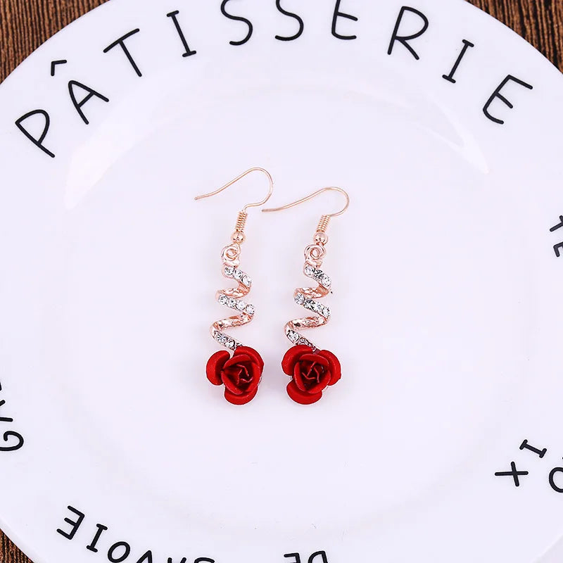 Fashion Sweet Romantic Rhinestone Red Rose Flower Earrings – Long Hollow Curve Crystal Pendant Wedding Jewelry for Women