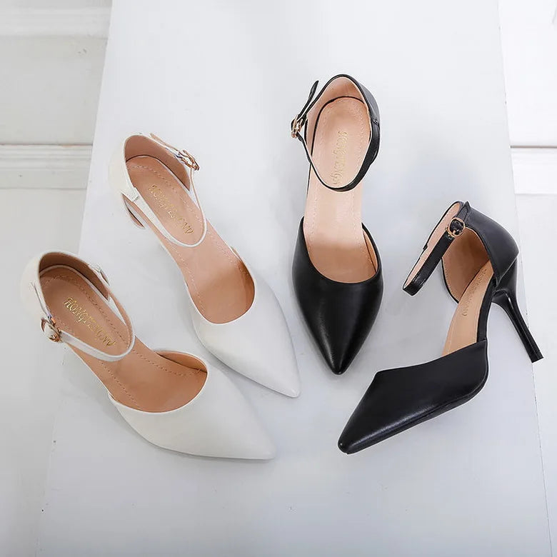 Soft Leather Women's Shoes,Pointed Toe,2024 Spring New High Heels,Ankle Strap,Cover Heel,Female Footware,Big Size,BLACK,,BEIGE