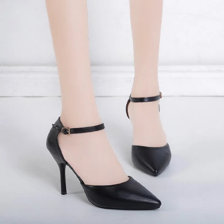 Soft Leather Women's Shoes,Pointed Toe,2024 Spring New High Heels,Ankle Strap,Cover Heel,Female Footware,Big Size,BLACK,,BEIGE