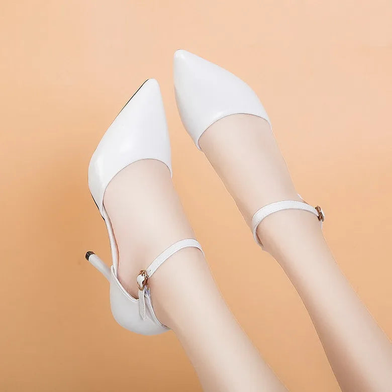 Soft Leather Women's Shoes,Pointed Toe,2024 Spring New High Heels,Ankle Strap,Cover Heel,Female Footware,Big Size,BLACK,,BEIGE