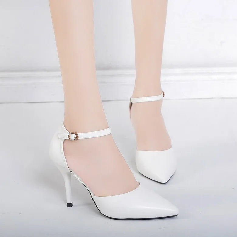 Soft Leather Women's Shoes,Pointed Toe,2024 Spring New High Heels,Ankle Strap,Cover Heel,Female Footware,Big Size,BLACK,,BEIGE