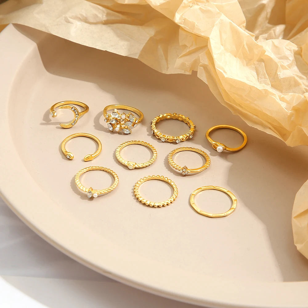 10Pcs Rings Suit For Women Gold-color Chain Ring Set Bohemian Style Coin Snake Moon Star Party Trend Gift Jewelry