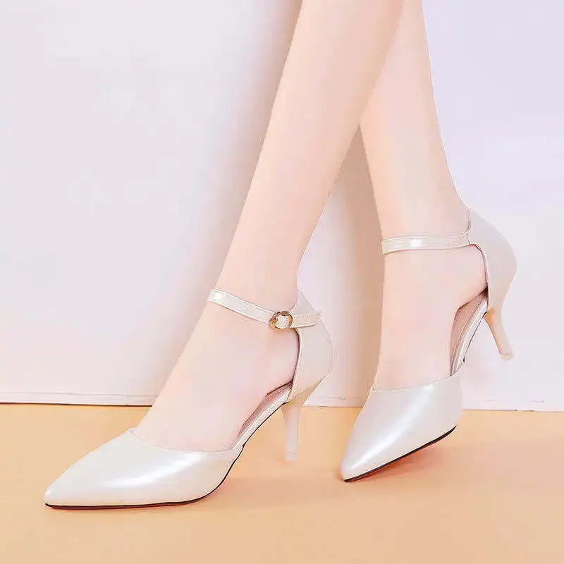 Soft Leather Women's Shoes,Pointed Toe,2024 Spring New High Heels,Ankle Strap,Cover Heel,Female Footware,Big Size,BLACK,,BEIGE