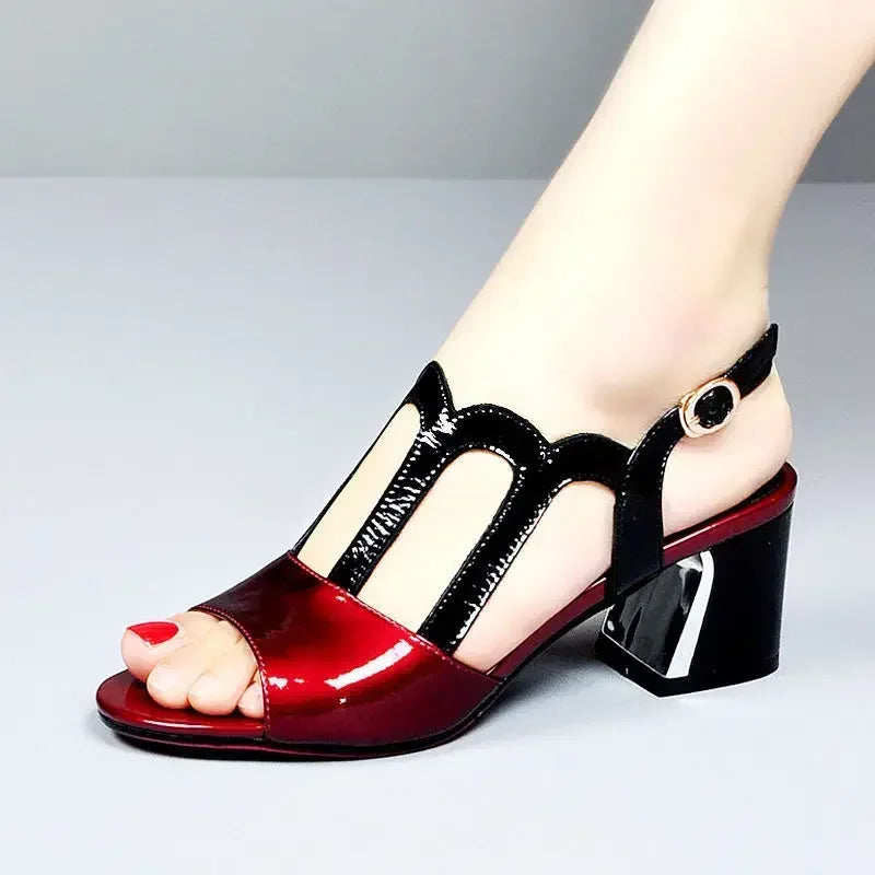 Summer Heels Medium Heel Buckle Female Footware Black 2024 Trend Fashion New Women's Pumps Shoes Peep Toe Women Sandals