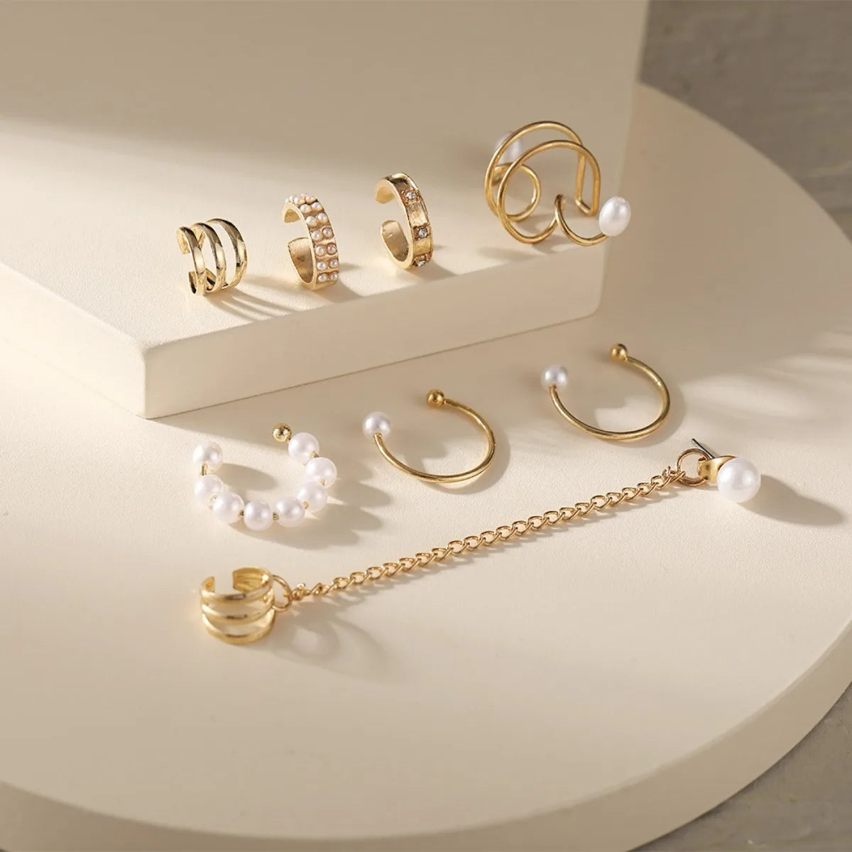 8pc Ear Clip Imitation Pearl Set Hip Hop Style Women's Earrings Non-piercing False Cartilage Ear Contour Fringe Chain Jewelry