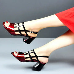 Summer Heels Medium Heel Buckle Female Footware Black 2024 Trend Fashion New Women's Pumps Shoes Peep Toe Women Sandals