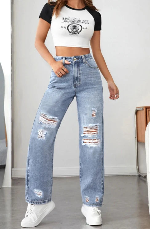 2025 Women's Light Blue Ripped Wide-Leg Jeans – Loose Fit, Comfortable & Slimming, All-Match Casual Outfit