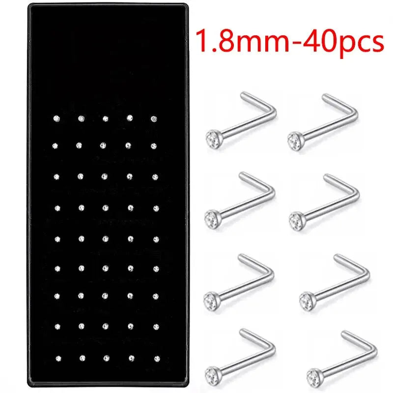 40/60 Pcs/Set Crystal Stainless Steel Nose Piercing Pack Straight Nose Ring Kit L Nose Stud Piercing Titanium Helix Body Jewelry