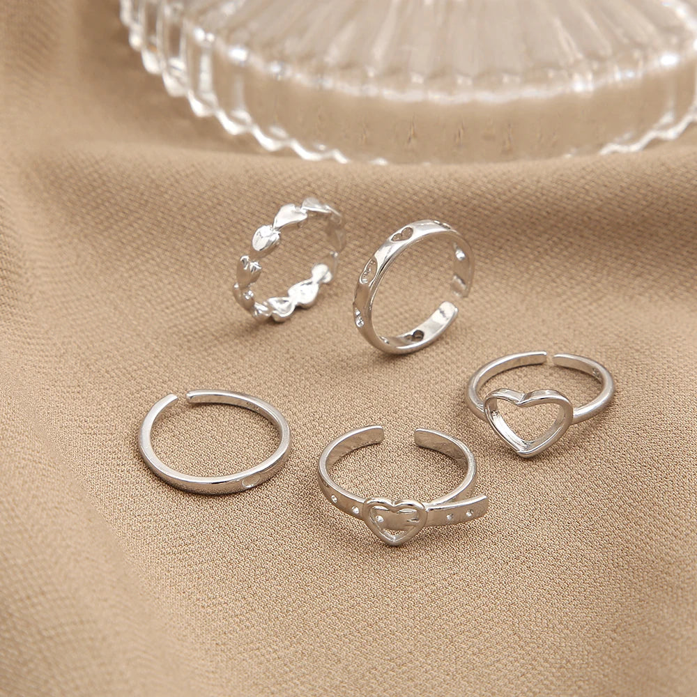 2022 new cross-border Korean ins simple temperament women's jewelry retro simple love hollowed-out ring 5 sets