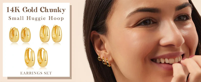 3 Pairs Chunky Gold Color Hoop Earrings Set for Women Girls 2024 Trend Jewelry Stackable Piercing Dainty Twist Cuff Earring
