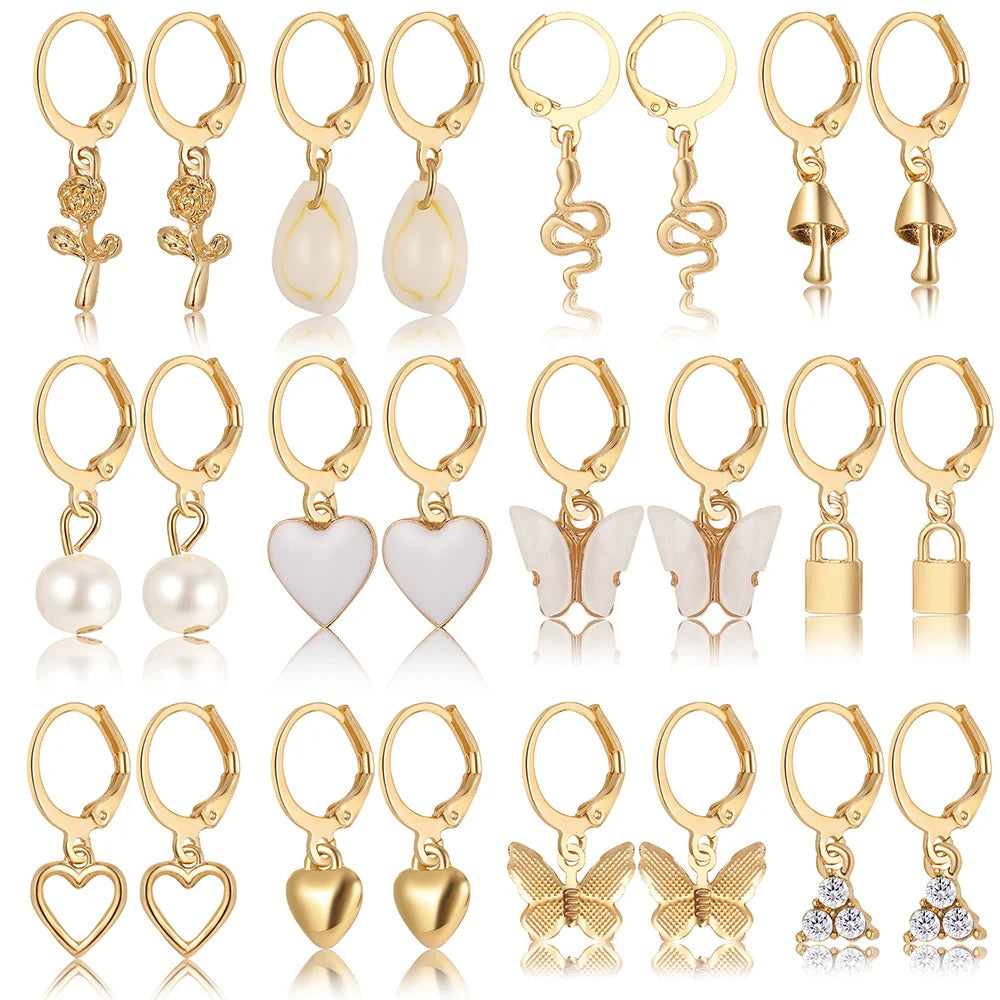 Heart Pearl Dangle Earrings Set Metal Gold Color Butterfly Locks Earrings for Women Shell Trendy Jewelry Hoop Earrings 2024