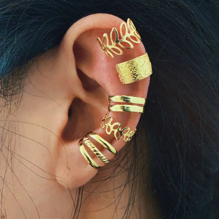 Gold Silver Color Leaves Clip Earring for Women Men Creative Simple C Ear Cuff Non-Piercing Ear Ear Clip Set Trendy Jewelry Gift