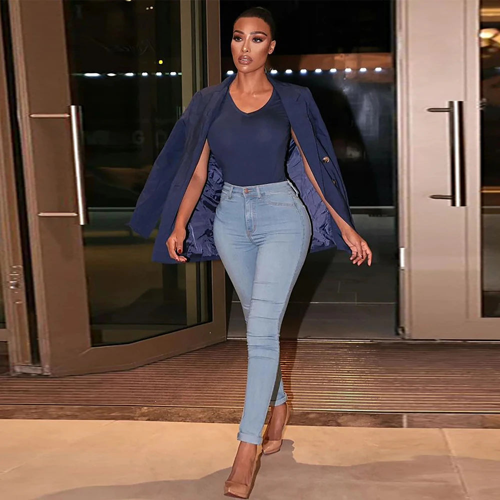2025 Women's Stretch Skinny Denim Jeans – Mid Waist Retro Washed Blue Pencil Pants, Slim Fit Elastic Trousers for Spring/Summer