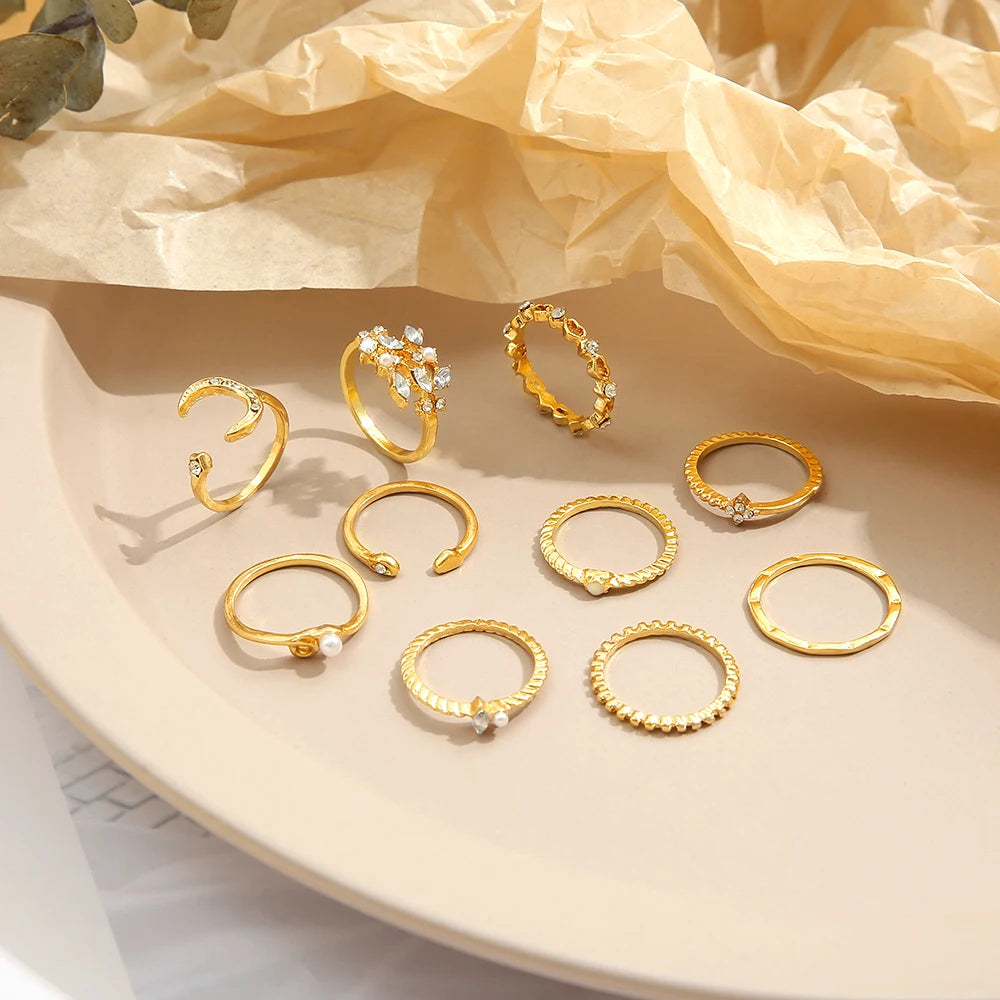 10Pcs Rings Suit For Women Gold-color Chain Ring Set Bohemian Style Coin Snake Moon Star Party Trend Gift Jewelry
