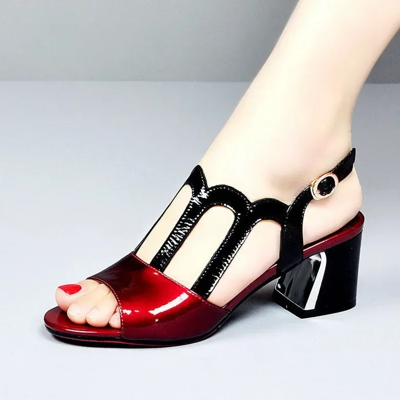 Summer Heels Medium Heel Buckle Female Footware Black 2024 Trend Fashion New Women's Pumps Shoes Peep Toe Women Sandals