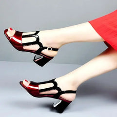 Summer Heels Medium Heel Buckle Female Footware Black 2024 Trend Fashion New Women's Pumps Shoes Peep Toe Women Sandals