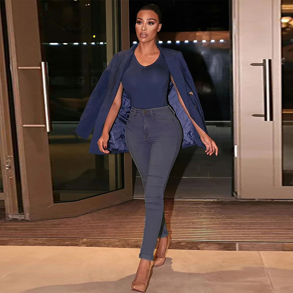 2025 Women's Stretch Skinny Denim Jeans – Mid Waist Retro Washed Blue Pencil Pants, Slim Fit Elastic Trousers for Spring/Summer