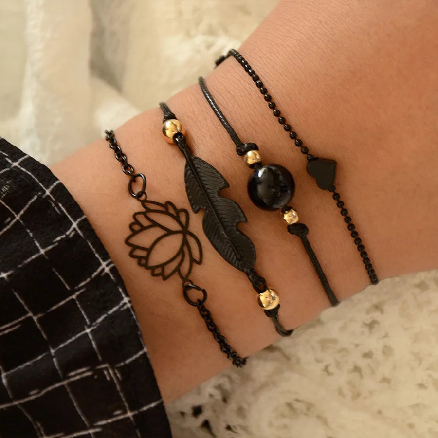 Bohemia Gold Color Leaves Bracelet Set For Women White Beads Round Charm Wrap Bangle Boho Girls Jewelry Gift