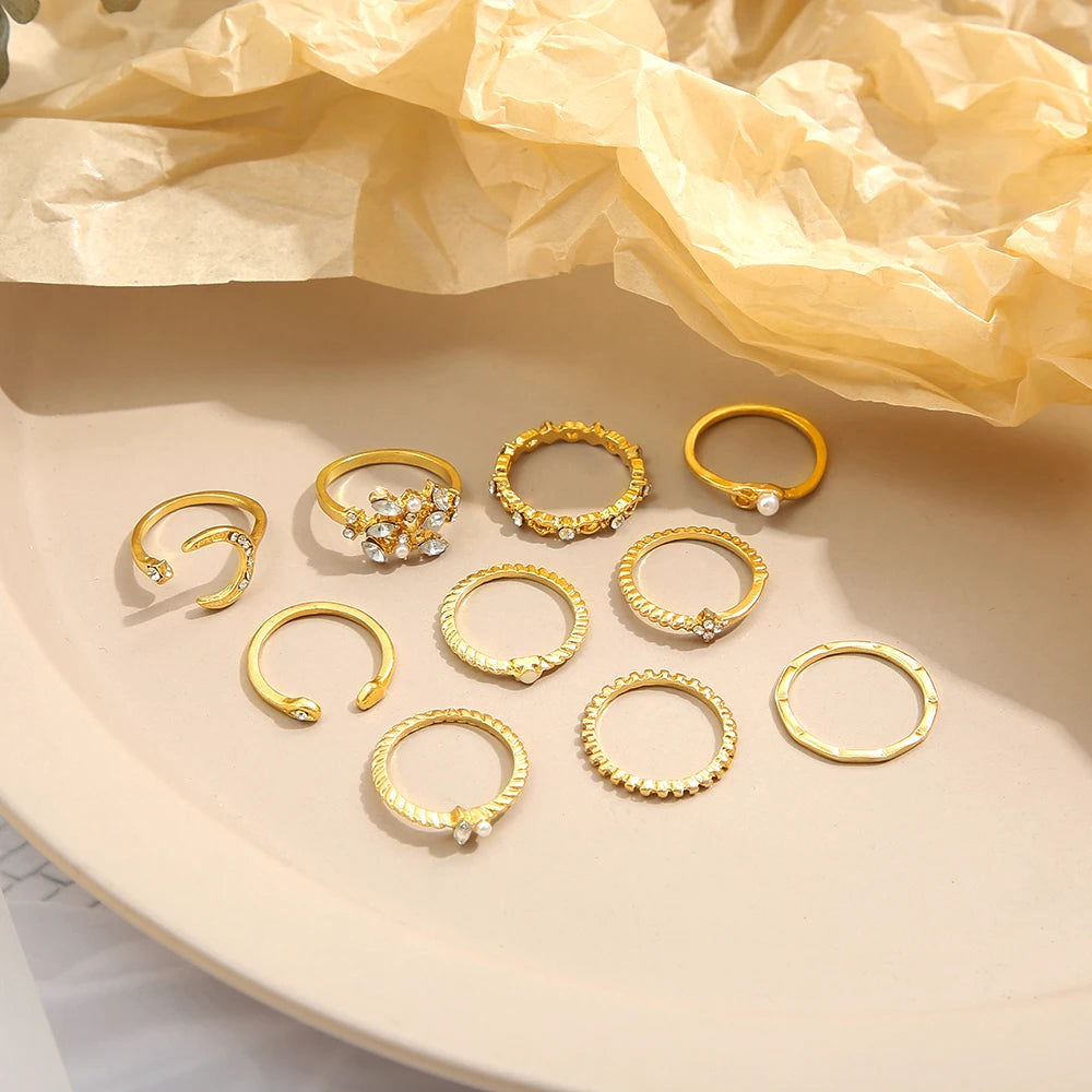 10Pcs Rings Suit For Women Gold-color Chain Ring Set Bohemian Style Coin Snake Moon Star Party Trend Gift Jewelry