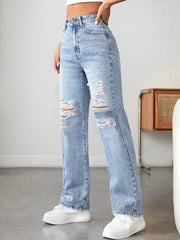 2025 Women's Light Blue Ripped Wide-Leg Jeans – Loose Fit, Comfortable & Slimming, All-Match Casual Outfit
