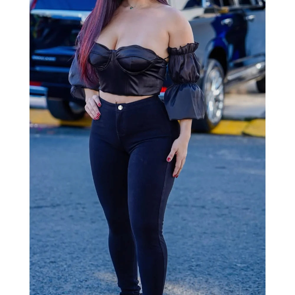 Women’s High-Waist Skinny Jeans – Chained Detail Elastic Denim Pants, Slim Fit Butt-Lift Pencil Trousers for Casual Wear