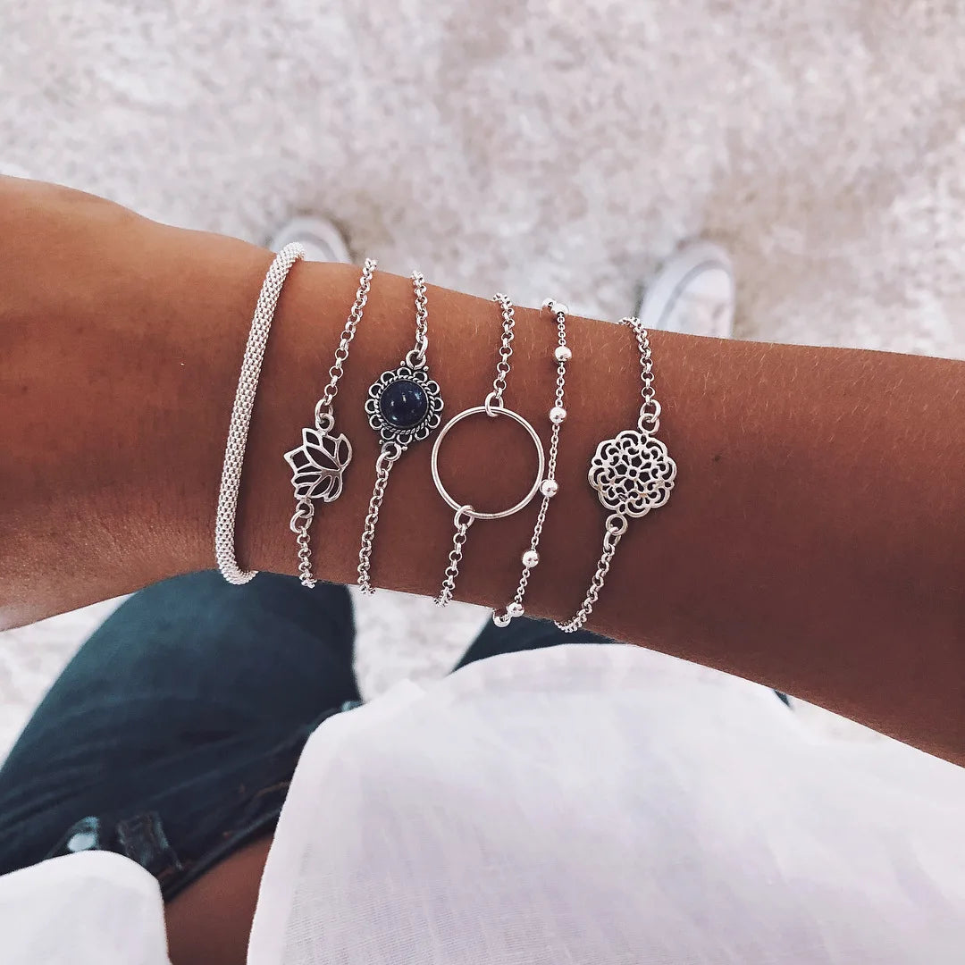 Bohemia Gold Color Leaves Bracelet Set For Women White Beads Round Charm Wrap Bangle Boho Girls Jewelry Gift