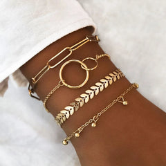Bohemia Gold Color Leaves Bracelet Set For Women White Beads Round Charm Wrap Bangle Boho Girls Jewelry Gift