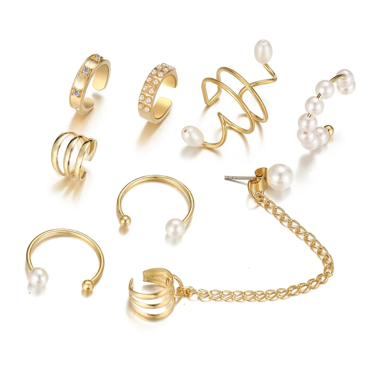 8pc Ear Clip Imitation Pearl Set Hip Hop Style Women's Earrings Non-piercing False Cartilage Ear Contour Fringe Chain Jewelry