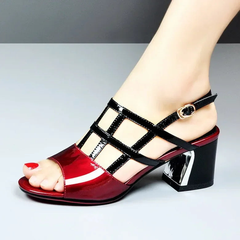 Summer Heels Medium Heel Buckle Female Footware Black 2024 Trend Fashion New Women's Pumps Shoes Peep Toe Women Sandals