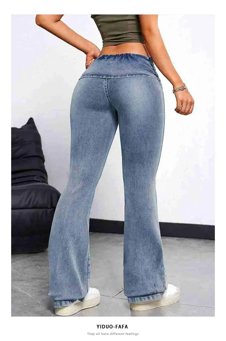 Sexy Peach Hip Jeans Women's Tight Elastic Trousers Slimming Booty Lifting High-Waisted Micro Bell Bottom Pants