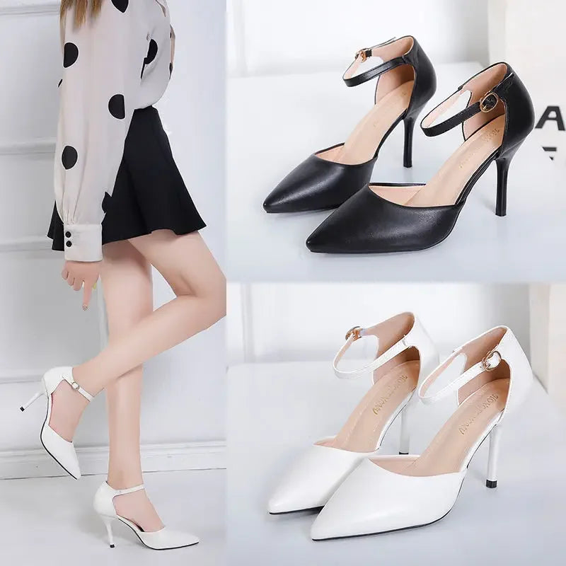 Soft Leather Women's Shoes,Pointed Toe,2024 Spring New High Heels,Ankle Strap,Cover Heel,Female Footware,Big Size,BLACK,,BEIGE