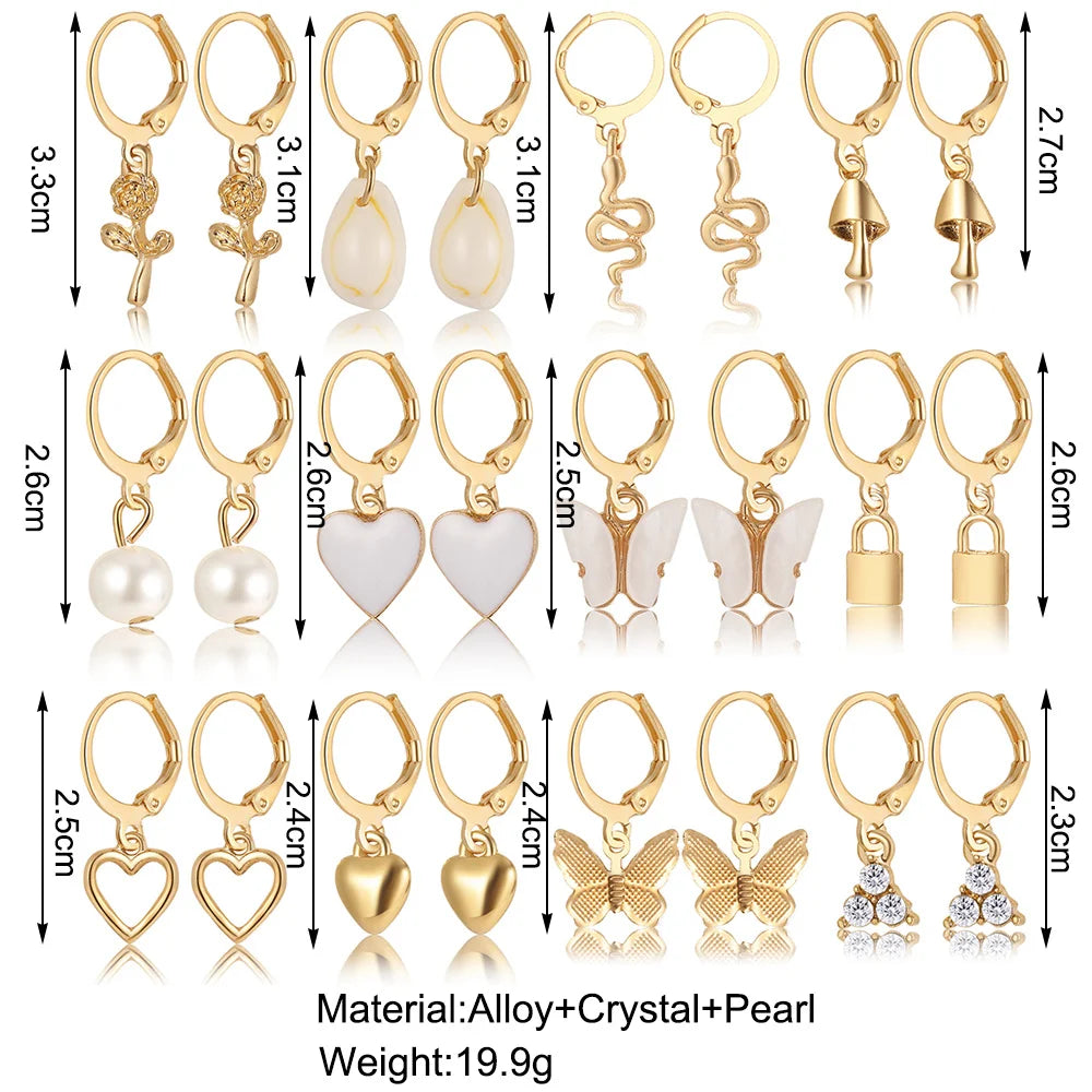 Heart Pearl Dangle Earrings Set Metal Gold Color Butterfly Locks Earrings for Women Shell Trendy Jewelry Hoop Earrings 2024