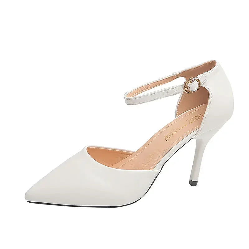 Soft Leather Women's Shoes,Pointed Toe,2024 Spring New High Heels,Ankle Strap,Cover Heel,Female Footware,Big Size,BLACK,,BEIGE