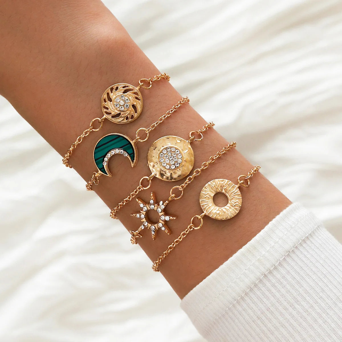 Bohemia Gold Color Leaves Bracelet Set For Women White Beads Round Charm Wrap Bangle Boho Girls Jewelry Gift