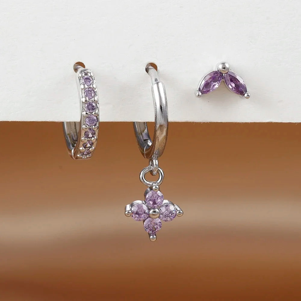 3PCS Exquisite Green Zircon Hanging Earrings Set for Women Stainless Steel Flower Dangle Earring Cartilage Piercing Jewelry