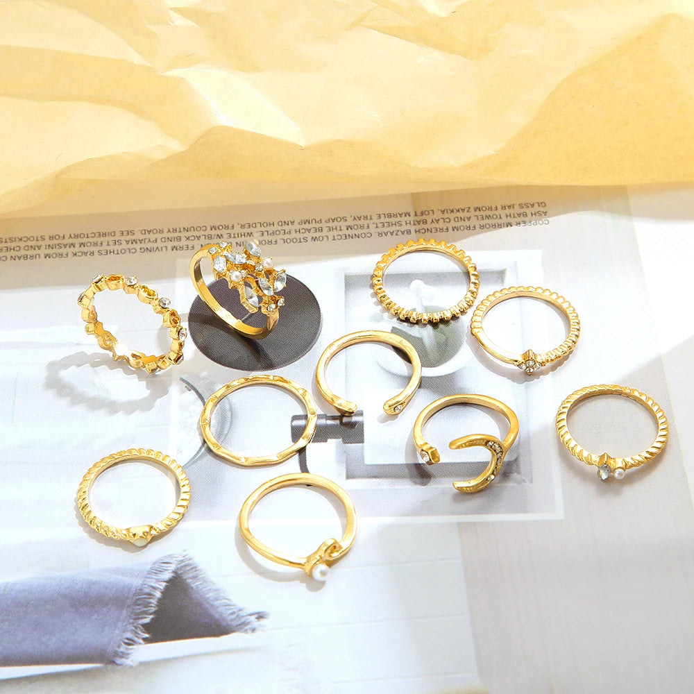 10Pcs Rings Suit For Women Gold-color Chain Ring Set Bohemian Style Coin Snake Moon Star Party Trend Gift Jewelry