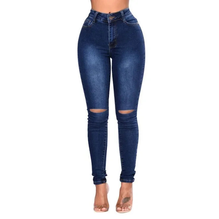 New Slim-Fit Ripped Jeans for Women – High-Waist Skinny Pencil Pants, Elastic Denim, Spring & Fall Casual Style