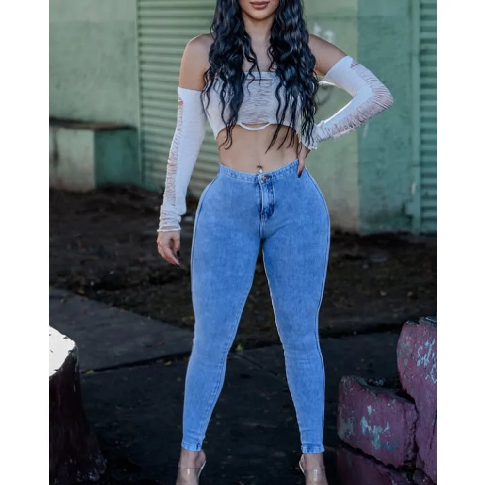 Women’s High-Waist Skinny Jeans – Chained Detail Elastic Denim Pants, Slim Fit Butt-Lift Pencil Trousers for Casual Wear