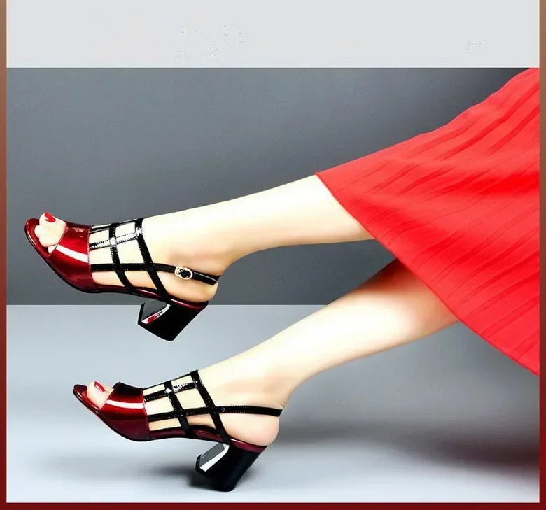 Summer Heels Medium Heel Buckle Female Footware Black 2024 Trend Fashion New Women's Pumps Shoes Peep Toe Women Sandals