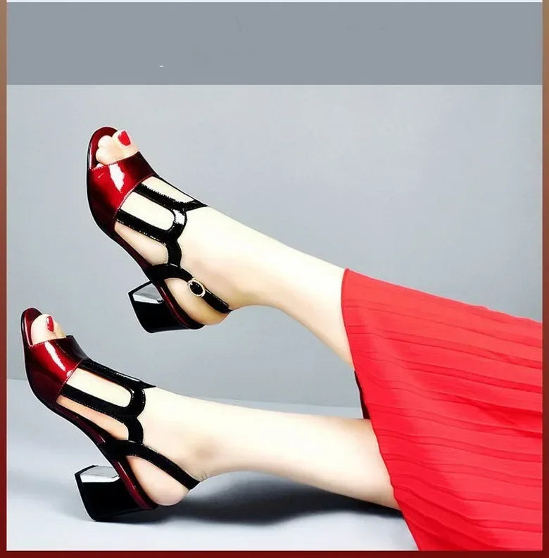 Summer Heels Medium Heel Buckle Female Footware Black 2024 Trend Fashion New Women's Pumps Shoes Peep Toe Women Sandals